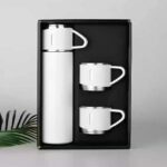 Steel Vacuum Flask Set With 3 Steel Cups Combo 500ml Double Layer Stainless Steel White
